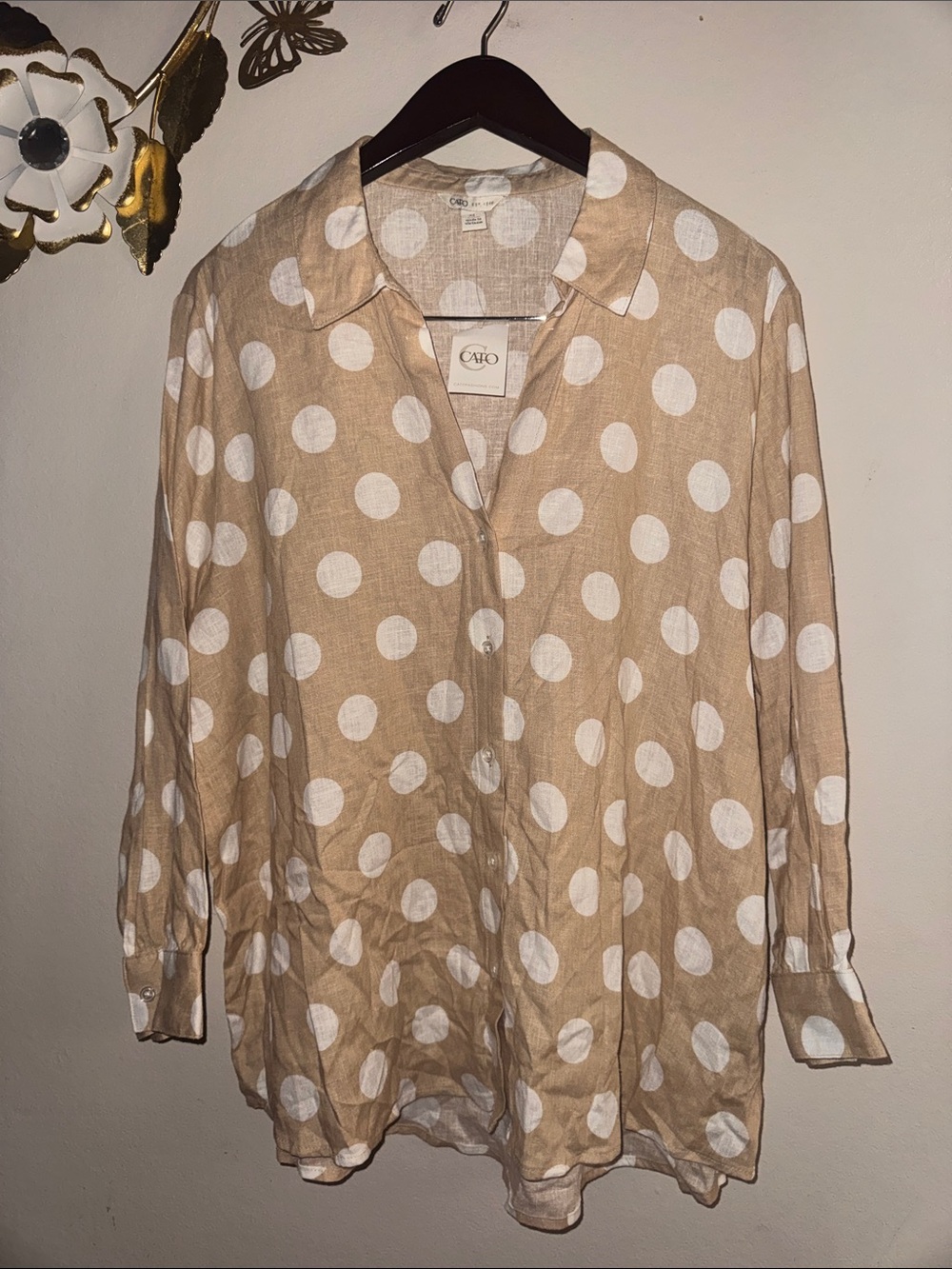 Cato Beige and White Polka Dot Button-Down Shirt